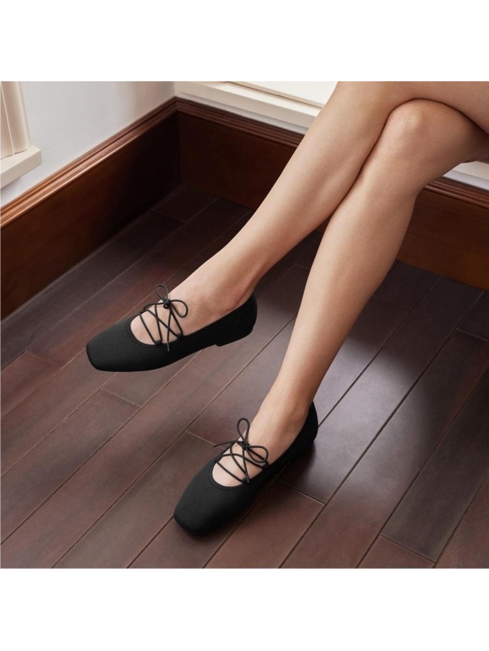 Vivaia Miley Black Square Toe Knit Ballet Flats Lace Up Shoes EU/39.5
US/8.5